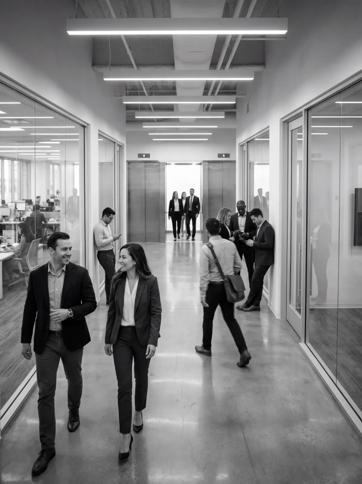 Mensen lopen door een kantoorgang met liften aan het einde